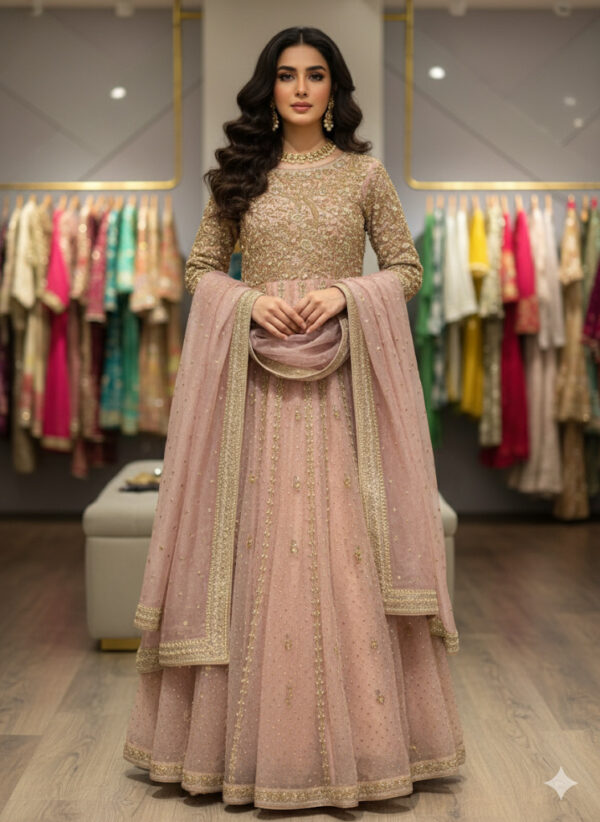 Anne Maxi (Dusty Pink): The Hand-Embroidered Zari Net Frock and Dupatta Set